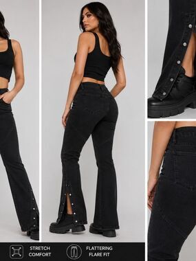 Fashion Nova Size 9 Black Convertible Snap Flare Jeans Stretch Y2K Grunge